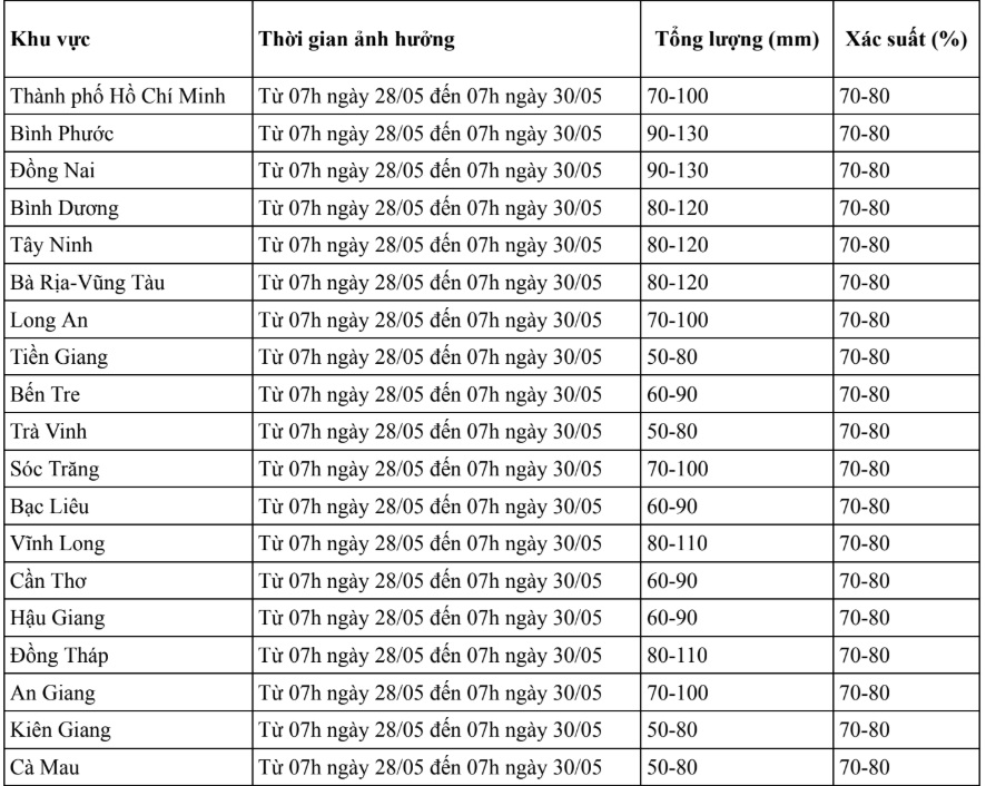 南部地区已有地方降雨近100毫米，警告胡志明市及多省从今天下午开始的大雨
